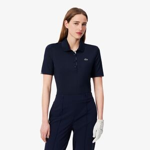 LACOSTE Women's Slim Fit UV Protect Stretch Golf Polo Navy Blue 34 NEW